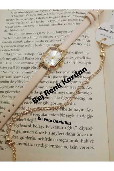 QUARTZ ساعة يد نسائية بتصميم عصري - حزام بيج - علبة ذهبية اللون