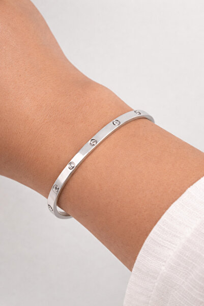Owentis Çelik Silver İkonik Model Taşlı Tiny Kelepçe 3mm -kararma yapmaz-