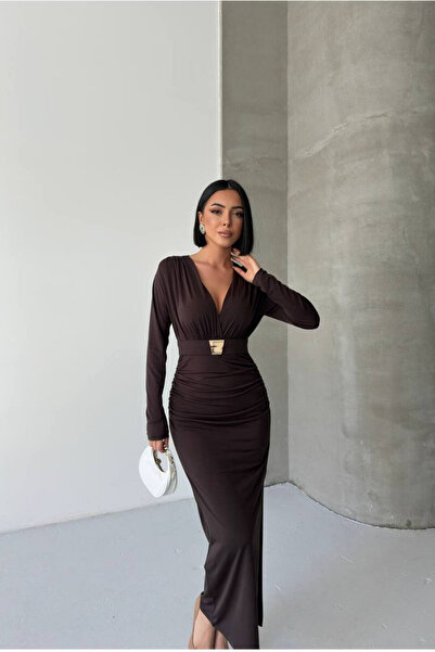 Nika Fashion Double-Breasted Bel Draped Maxi Dress with Belt Accessories (Gol...