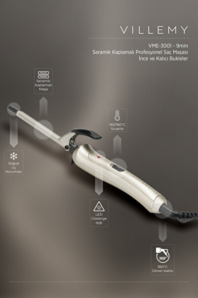 VILLEMY 9mm Ceramic Coated Professional Curling Iron – Fine Curl - Vme-3001