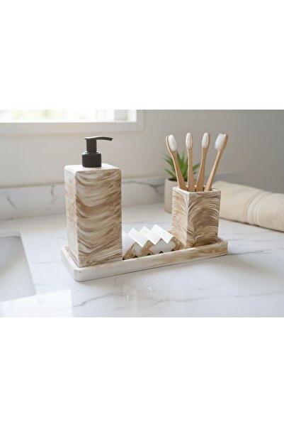 AlpiHomeCollection Alpi Home 3'lü Mermer Desen Banyo Seti Sıvı Sabunluk Diş F...