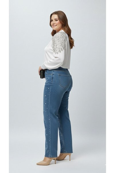 nd jeans Premium Plus Size Jeans Wide Leg High Waist Pearl Stone-Detail Denim Trousers