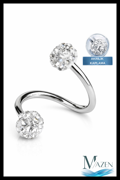 MAZEN Taşlı Cerrahi Çelik Spiral Burgulu Kıkırdak Dudak Piercing Gümüş Renk