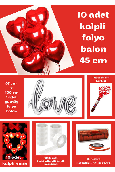 SkyPop Kalpli Folyo ve Love Folyo Balon, Konfeti, Mum, Rafya ve Balon Bandı, ...