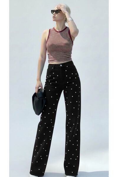 nd jeans Blugi pentru femei cu picioare largi talie înaltă Pearl T cu pietre ...