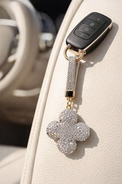 FA LORA TAKI Beyaz Taşlı Yonca Anahtarlık , Vip Seri Çanta Charmı