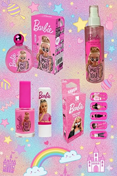 Barbie Lisanslı Parfüm - Oje Seti - Body Mist Simli Vücut Spreyi - Yara Bandı