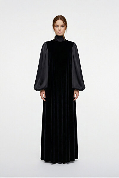 Zems Kadife Yakası Bağlamalı Uzun Elbise