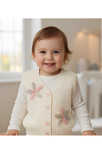 Mihrumay Kız Bebek Çiçek Motifli Triko Yelek