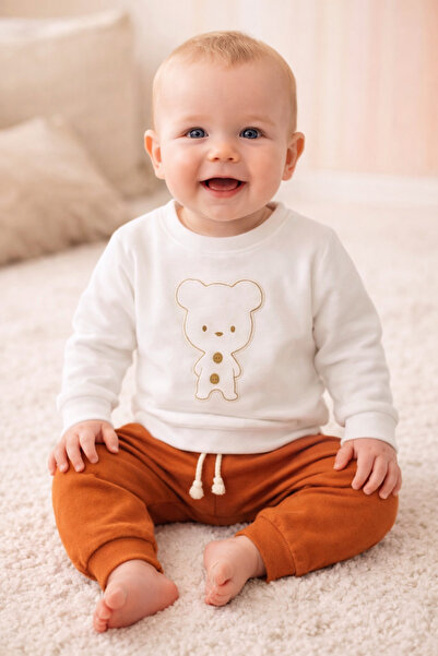 Popolin Ayı Desenli Düğmeli Aplikeli 2'li Erkek Bebek Alt-Üst Takım