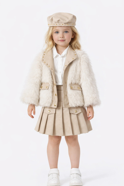 Kidmark Çocuk Modası Girl's Fur Leather Skirt 4-Piece Cream Set
