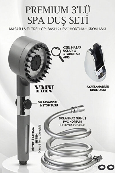 YMV Premium Spa 3'lü Duş Seti - Masajlı & Filtreli Gri Başlık + Pürüzsüz PVC ...