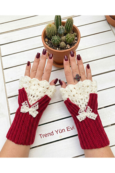 TrendYünEvi Hand Knitted Fingerless Gloves (Cherry Rot Color)(S-M-L) Knitted ...