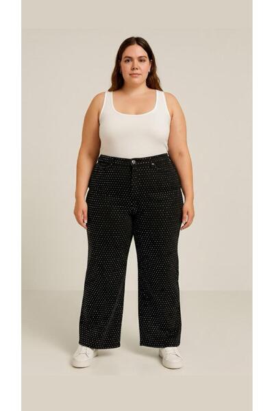 N&D KADIN-BÜYÜK BEDEN JEANS GENİŞ PAÇA SERPME TAŞLI KOT PANTOLON