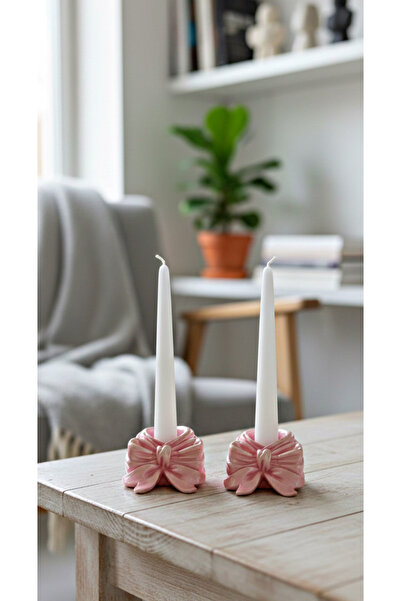 Handmade Dekoratif 2’li Pembe İnci Tozu Fiyonk Mumluk & Şamdan Seti