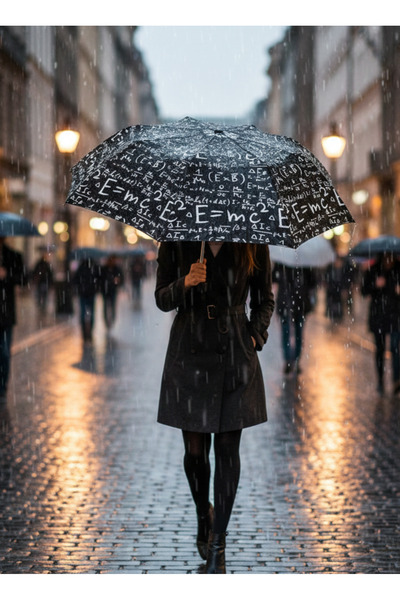 Bosile Rüzgara Dayanıklı Unısex Siyah Matematik Desenli Şemsiye