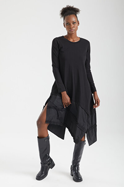 IMBUE فستان ميدي أسود من القطن مع تنورة مظلة غير متماثلة