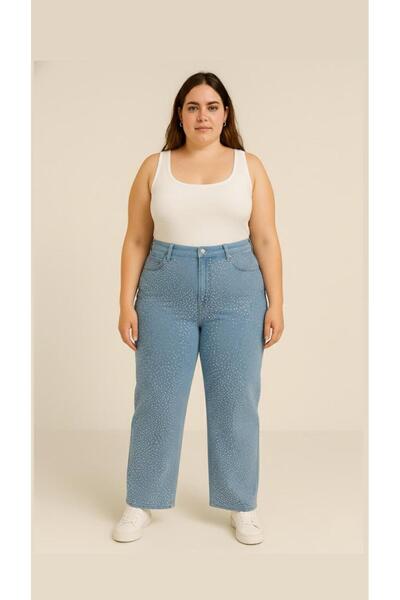 N&D KADIN-BÜYÜK BEDEN JEANS GENİŞ PAÇA SERPME TAŞLI KOT PANTOLON