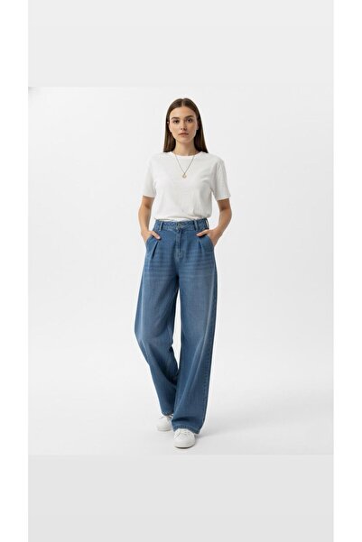 nd jeans جينز نسائي للموسم الجديد - بنطلون جينز فضفاض ذو أرجل واسعة وطيات وتأ...