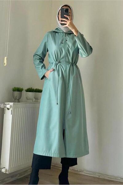 TRENDTESETTÜR KADIN MAVİ (AQUA) KAPÜŞONLU BELİ BÜZGÜLÜ TRENÇKOT T 1495