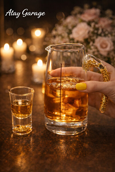 Atay Garage Altın Saplı Mini Cam Sürahi Ölçülü 150ml Bar Mutfak Karaf Ergonom...