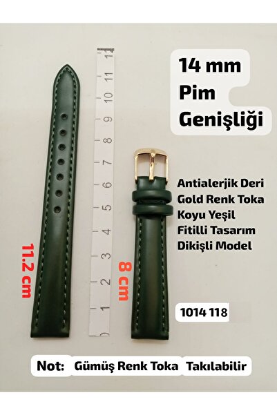 Brality 14 mm Uyumlu Kol Saati Kordonu - KOYU YEŞİL Renk Düz Dikişli Model- (...