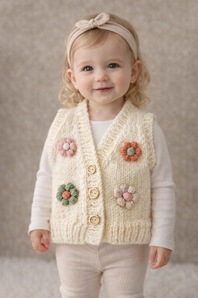 A&D HANDMADE EL ÖRGÜSÜ ÇİÇEKLİ BEBEK YELEĞİ