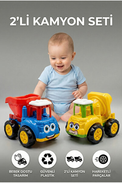 viyol marketim 2’li Sürtmeli Kırılmaz Oyuncak Kamyon Seti – Mikser ve Damperl...