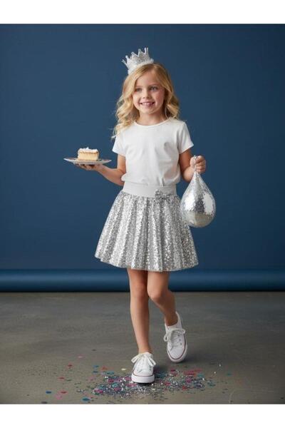 Zekids Fusta evazată cu paiete pentru fetiță, cu talie elastică