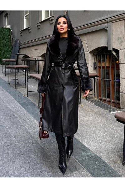 buqre's moda Kadın Kol Ve Yaka Kürklü Kuşaklı Deri Trençkot Pardesü