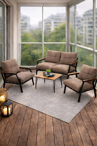 UFUK HOME Linda 211 Sehpalı Kahverengi Fermuarlı Bahçe Balkon Takımı, Cafe, S...