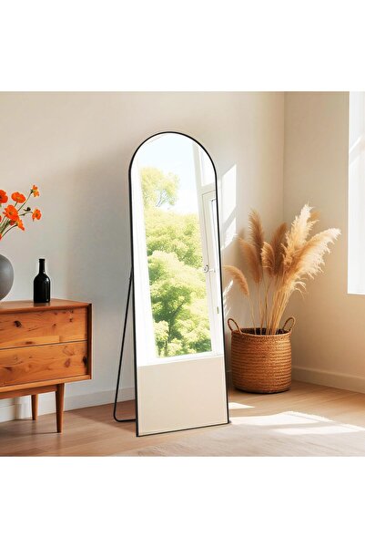 EFFE YAPI DEKOR مرآة ملابس بيضاوية قائمة بإطار معدني أسود 167×55سم