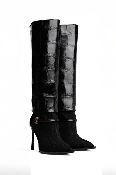 MARY حذاء نسائي طويل بكعب رفيع ونسيج جلد التمساح الفاخر