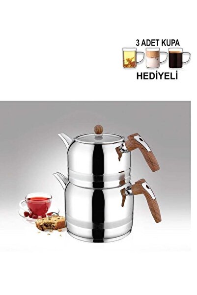 Kahramanlar Ahşap Renk Saplı Midi Boy Çaydanlık Takımı 3 Adet Cam Kupa Hediyeli