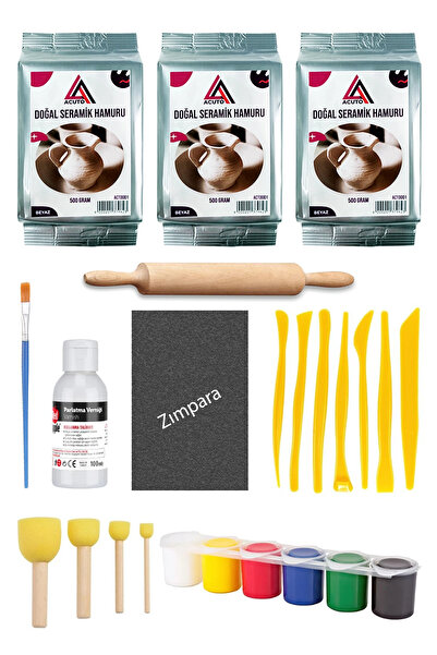 ACUTO Seramik Hamuru 1,5 Kg Ebeşuar Seti 6x15 ml Akrilik Set 100 ml Vernik Ah...