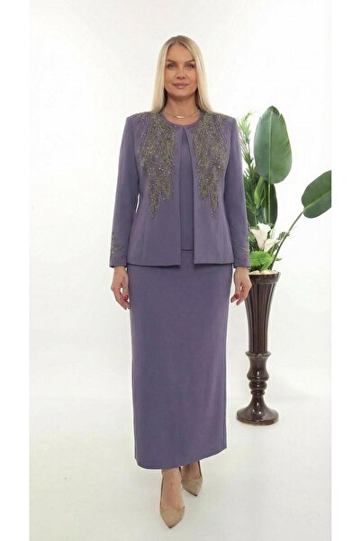 MİSS DİAMOND Jacket with Elegant Stone Embellishments Closed Slit Purple Floo...