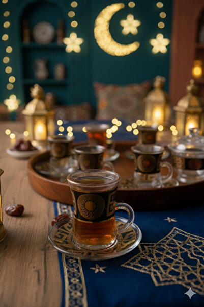 Modern shop Turkish tea set consisting of 6 cups, 6 saucers, and a sugar bowl; gold and black color; excellent quality.