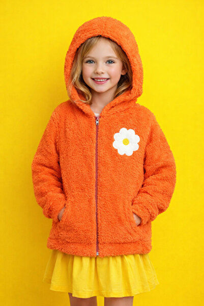 Yalçınoğlu Çocuklar Için Sıcacık Yeşil Peluş Ceket, Çiçek Motifli