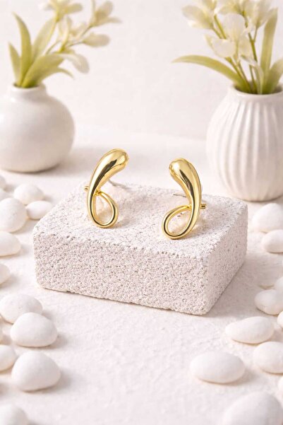 Furtek Aksesuar Kadın Gold Çelik Kıvrımlı Damla Küpe Lak Kaplama Kararmaz Minimal Hediye 2.5 cm