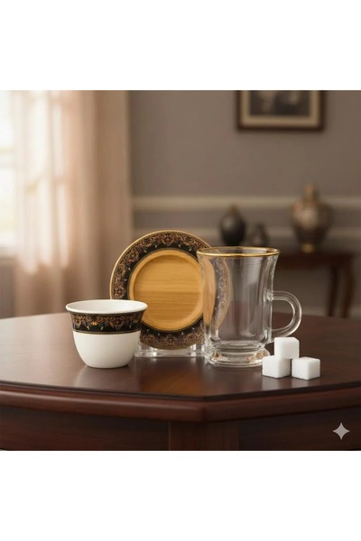 Dania طقم شاي وقهوة مكون من 18 قطعة 6 أكواب شاي زجاجية 6 صحون خشبية 6 أكواب ق...