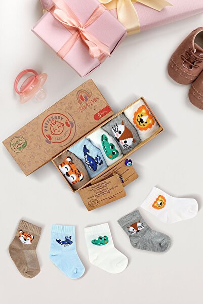 poffibaby 5 li Sevimli Dostlar Kutulu Premium Organik Pamuk Unisex Bebek Çorabı