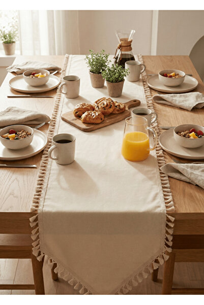 Destiva Home Buldan İşi Bej Püskül Detaylı Pamuk Keten Runner (50x140 cm)