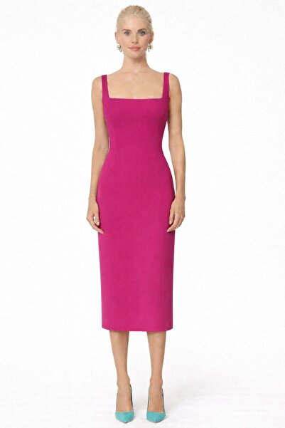 Shop Krutzo Kalın Askılı Fuşya Midi Abiye Elbise