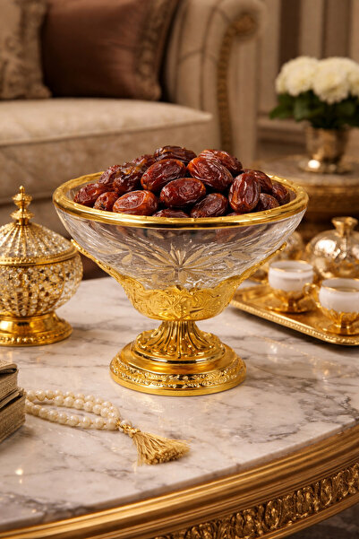 Generic Glass date-shaped tray with gold edges and base and royal engravings