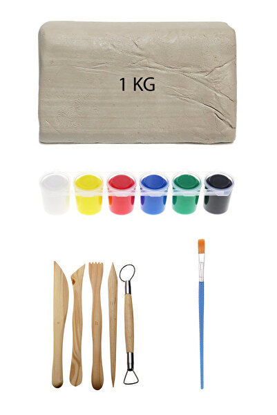 ACUTO Beyaz Seramik Hamuru 1 kg Kil Ebeşuar Seti 6x15 ml Guaj Boya Seti Düz F...