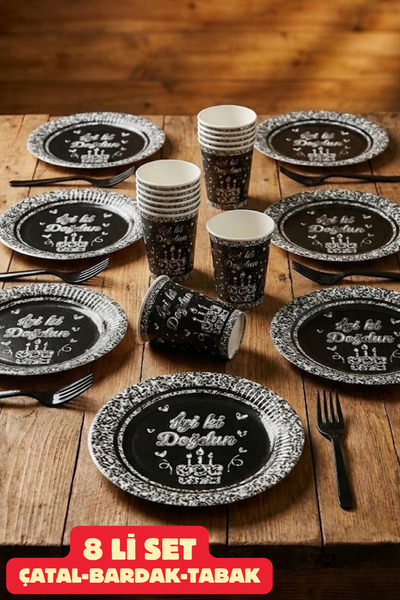 Baloncu Dede İyiki Doğdun Yazılı Karton Siyah Gümüş Yaldız Desenli 8 Adet Ren...