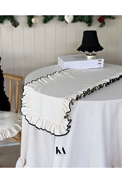 KaiAtelier Natural Nakışlı Keten Fırfırlı Dikdörtgen Runner 50x150cm