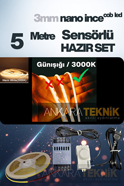 ankarateknik 3mm. Nano Ince Hareket Sensörlü Tak Çalıştır Cob Şerit Led/ 5 Me...