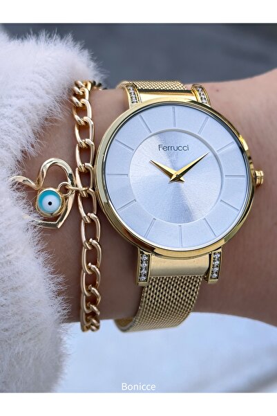 Ferrucci Gold Yellow Color, Simple Model, Steel Band Women's Wristwatch Bracelet