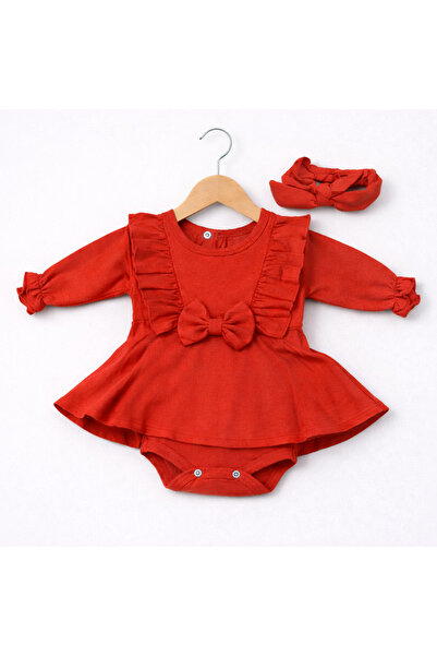 Akcan Kırmızı Fiyonklu Uzun Kollu Bebek Elbisesi ve Bandana Seti